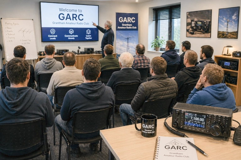 Grantham Amateur Radio Club meeting with presenter and audience in modern training room with radio equipment